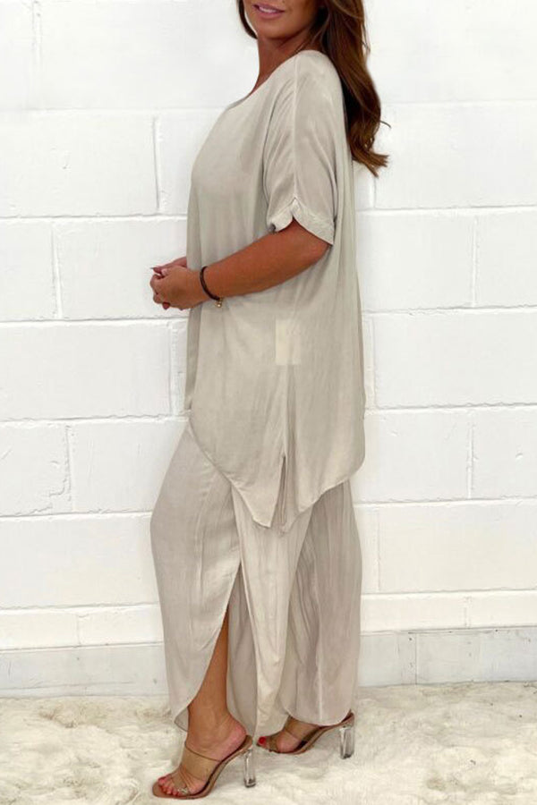 Solid Color Round Neck Short-sleeved Loose Top and Elastic Waist Casual Pants Set