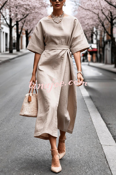 Solid Color Round Neck Half Sleeve Casual Waist Midi Dress
