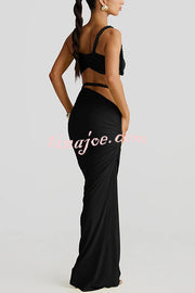 Sexy Halter Back Braided Suspender Top and Beach Holiday Style Hip-wrapped Maxi Skirt Set