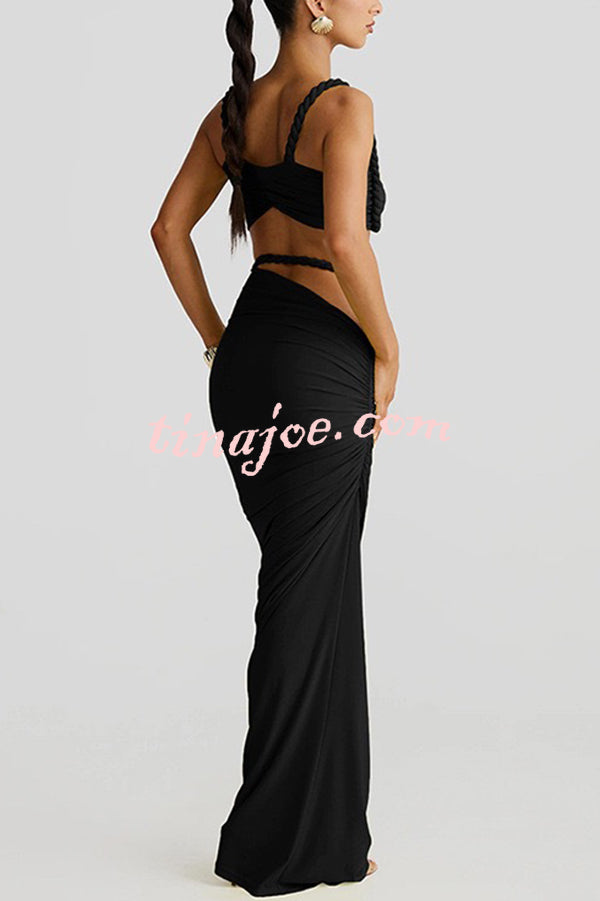Sexy Halter Back Braided Suspender Top and Beach Holiday Style Hip-wrapped Maxi Skirt Set