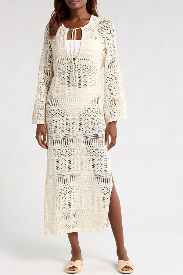 Hollie Knit Unique Pattern Tie-up Long Sleeve Cover-Up Midi Dress