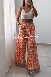 Unique Print Elastic High Waist Tie Pocket Wide Leg Pants