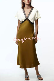 Fashionable Contrast Color V-neck Lace Stitching Maxi Dress