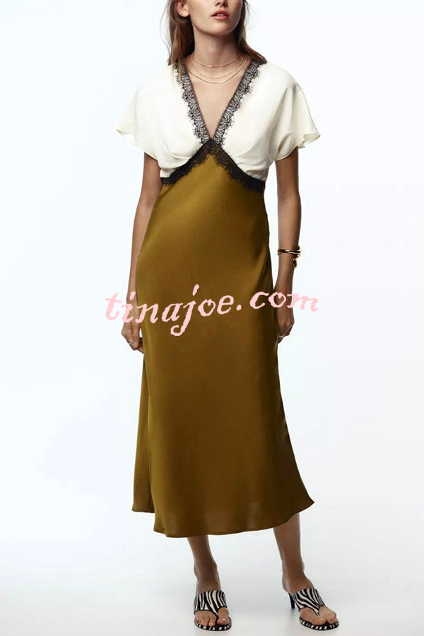 Fashionable Contrast Color V-neck Lace Stitching Maxi Dress