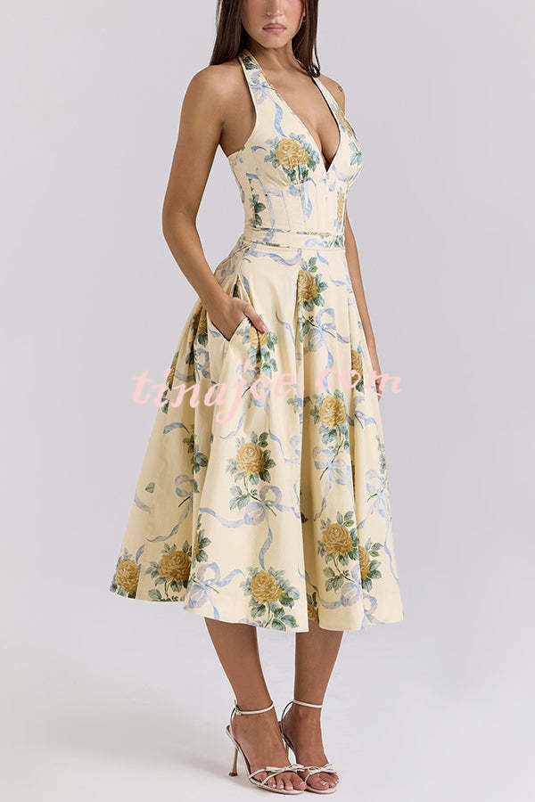 Resort Star Floral Print Waist Halterneck Tie Pocket Midi Dress