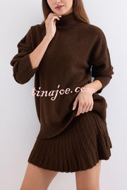 Solid Color Casual Preppy Knit Top and Knit Stretch Pleated Mini Skirt Set