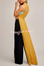 Fashionable Contrast Color Stitching Sleeveless Slim Maxi Dress