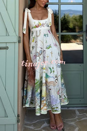 Euro Summer View Linen Blend Unique Print Tie-up Straps Pocket Midi Dress