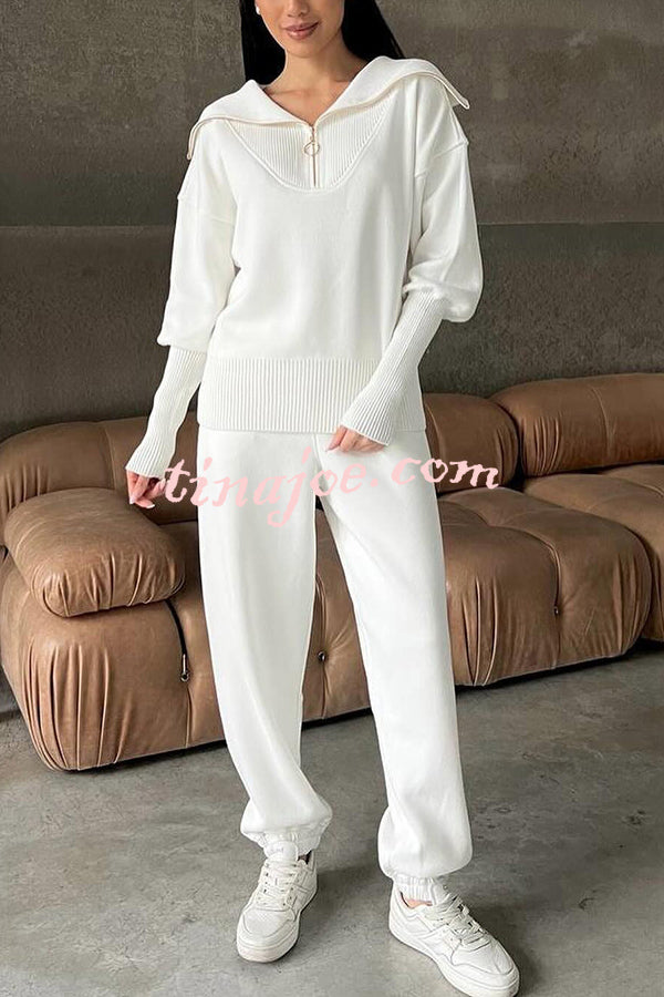 Solid Color Long-sleeved Zip-up Sweatshirt and Elastic Waist Loose Pocket Pants Set