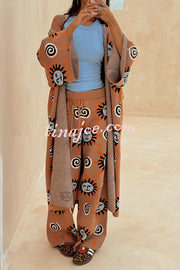 Mediterranean Art Knit Unique Sun Vortex Print Elastic Waist Wide Leg Pants