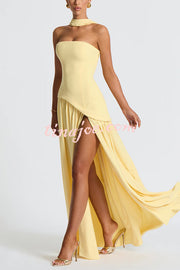 Elegant Off Shopulder Chiffon Pleated Hem Scarf Slit Maxi Dress