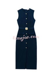 Danina Button Up Sleeveless Metal Belted Pocket Stretch Midi Dress