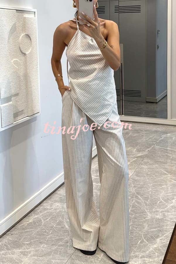 Moriah Striped Thin Strap Halter Neck Scarf Top and Pocketed Wide Leg Pants Set