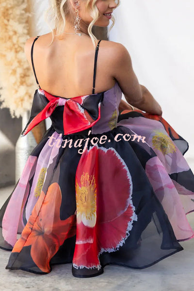 Rosebud Floral Print Back Bow Design Slip Puff Mini Dress