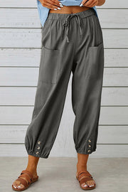 Tatum Linen Blend Elastic Waist Pocketed Button Hem Pants