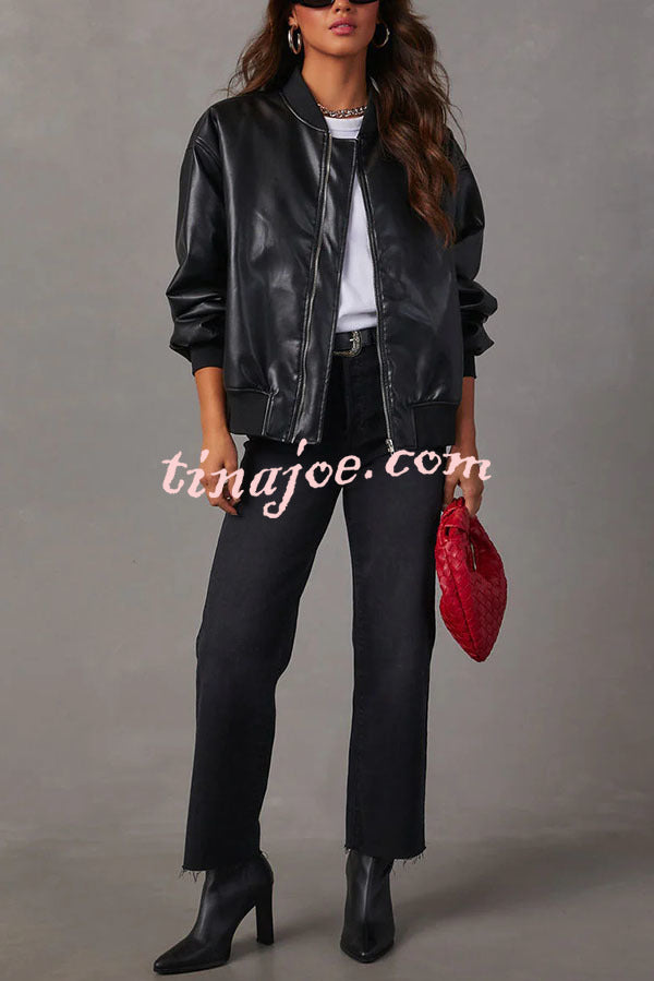 Solid Color Long Sleeve Loose Pocket Leather Jacket