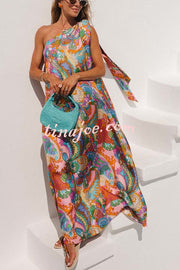 Rainbow Breeze Satin Unique Print Bow One Shoulder Loose Maxi Dress