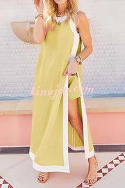 Ellie Contrast Color Sleeveless Midi Top and Elastic Waist Pocket Shorts Set