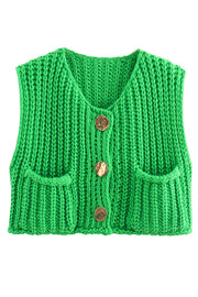 Solid Color Sleeveless Pocket Knitted Vest