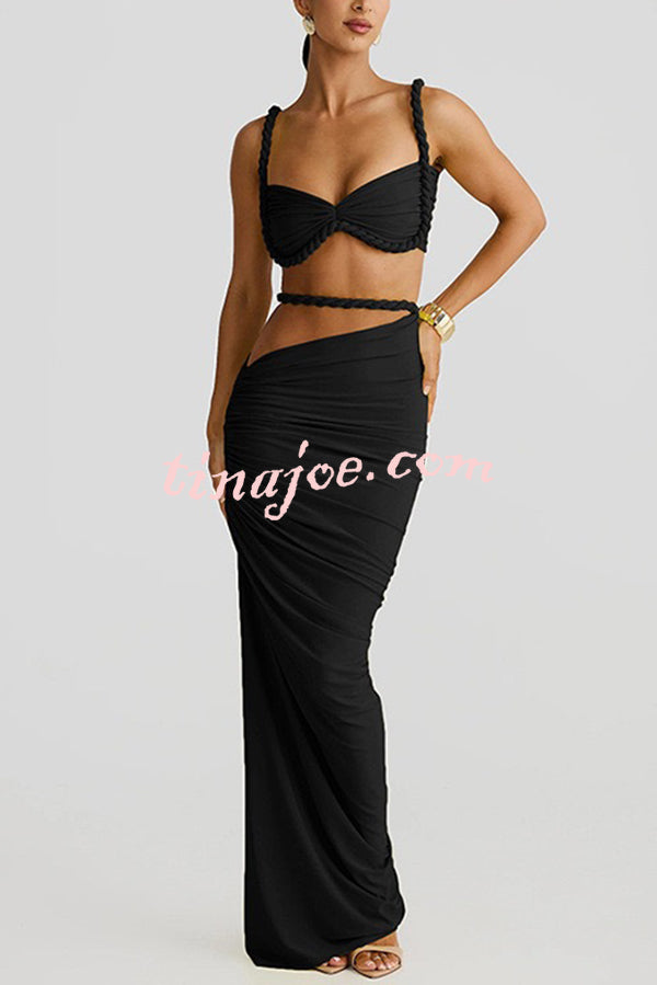 Sexy Halter Back Braided Suspender Top and Beach Holiday Style Hip-wrapped Maxi Skirt Set