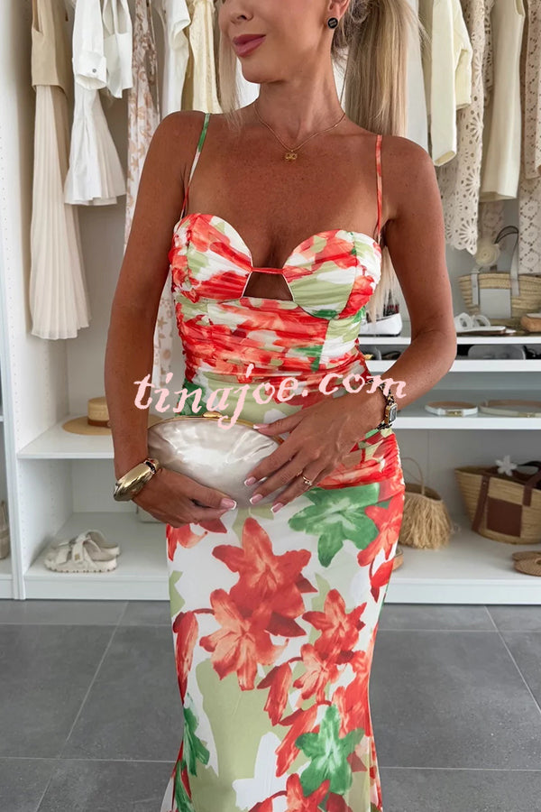 Irresistibly Chic Mesh Botanical Print Cut Out Bust Ruched Stretch Maxi Dress
