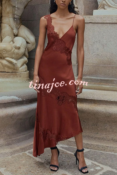 Sexy Lace Stitching Suspender V-neck Asymmetrical Maxi Dress