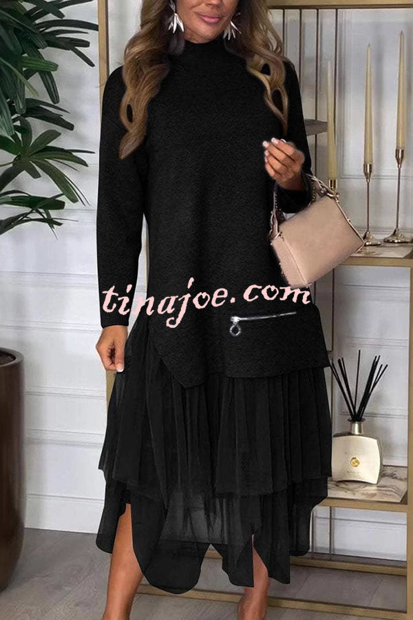 Taylor Knit Turtleneck Zip-up Top and Elastic Waist Tulle Loose Midi Skirt Set