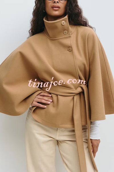 Fashionable Stand Collar Button Waist Tie Loose Cape