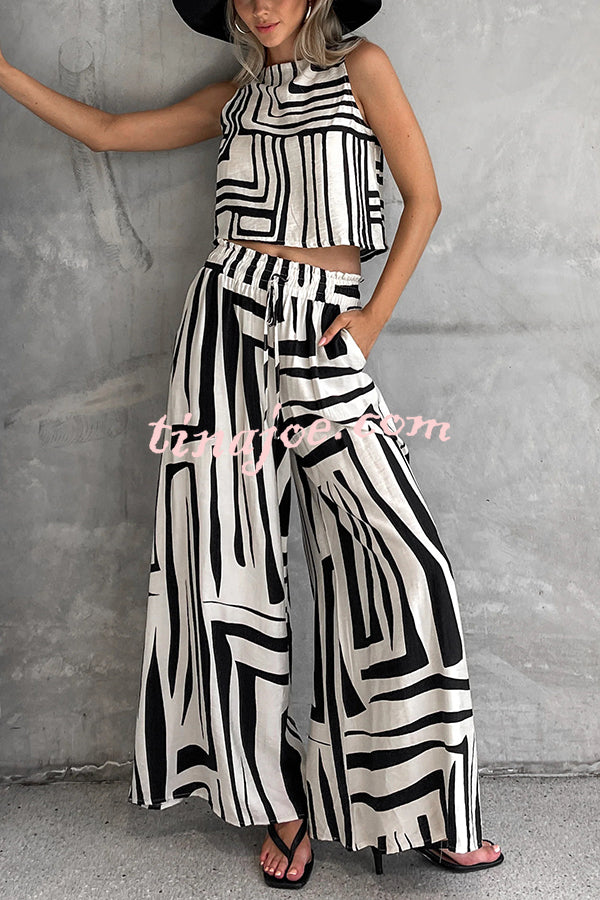 Striped Printed Sleeveless Casual Top and Elastic Waist Loose Pocket Wide-leg Pants Set