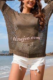 Solid Color Round Neck Long Sleeve Heart Knitted Beach Cover Up