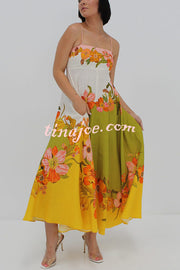 Malakai Linen Blend Contrast Floral Print back smocked Pocket Maxi Dress