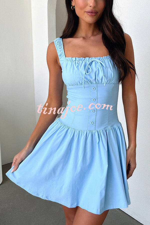 Summer Solid Color Elastic Shoulder Straps and Front Tie Mini Dress