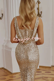 Glitzy Gala Sequin Draped Neckline Back Tie-up Ruched Slit Maxi Dress