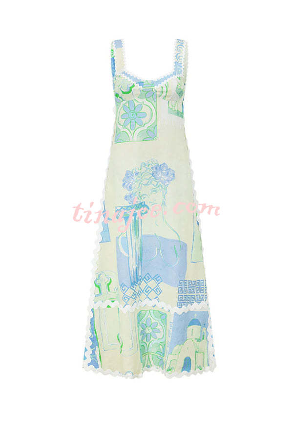 Darla Linen Blend Ric Rac Trims Unique Print Back Tie-up Maxi Dress