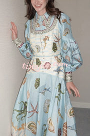 Ocean Print Lapel Button Waist Tie Resort Maxi Dress