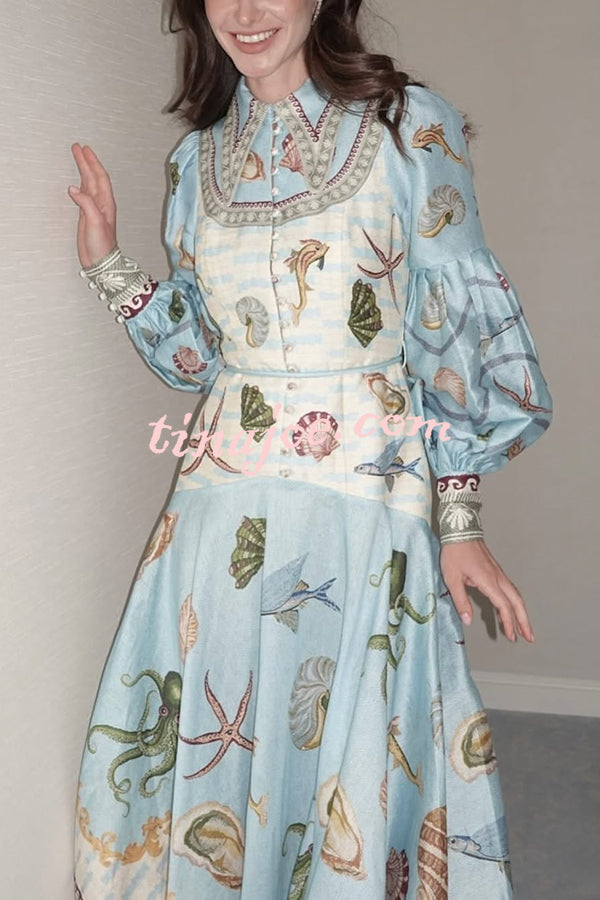 Ocean Print Lapel Button Waist Tie Resort Maxi Dress