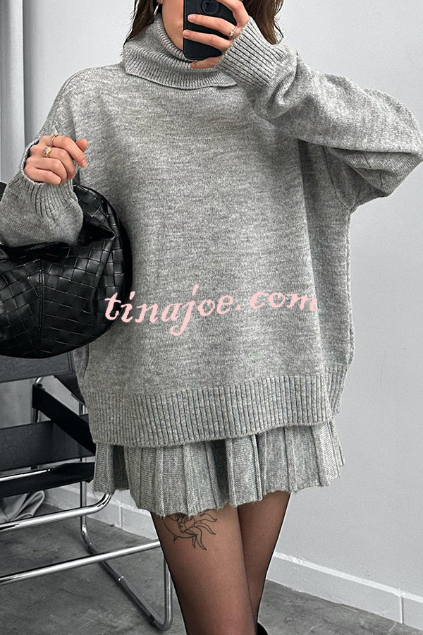 Solid Color Casual Preppy Knit Top and Knit Stretch Pleated Mini Skirt Set