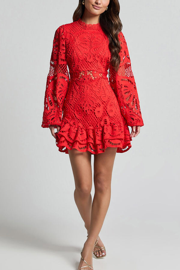 Solid Color Hollow Long-sleeved Waisted Lace Mini Dress