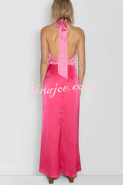 Like A Gem Satin Colorblock Halter Backless Party Maxi Dress