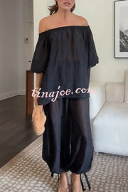Comfortable Area Chiffon Off Shoulder Balloon Sleeve Top and Elastic Waist Knotted Bloomer Set
