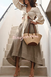 Caught A Vibe Linen Blend Back Elastic Waist Pocketed High Low Maxi Skirt