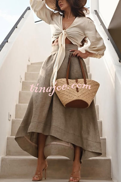 Caught A Vibe Linen Blend Back Elastic Waist Pocketed High Low Maxi Skirt