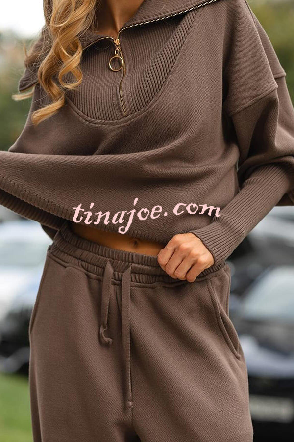 Solid Color Long-sleeved Zip-up Sweatshirt and Elastic Waist Loose Pocket Pants Set