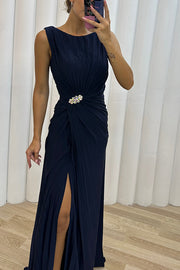 Pretty Special Pleated Embellished Slit Evening Maxi Dress