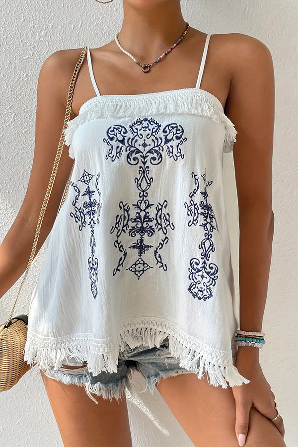 Ethnic Embroidered Adjustable Straps Fringed Top