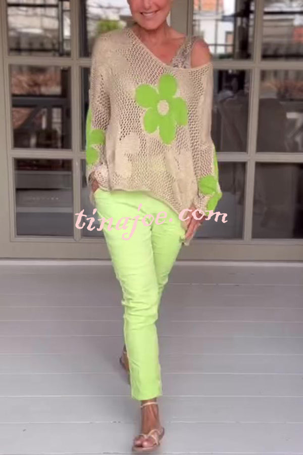 Embroidered Flower Hollow Long-sleeved Holiday Loose Knitted Top