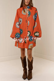 Linen Blend Unique Print Tie Waist Loose Mini Dress