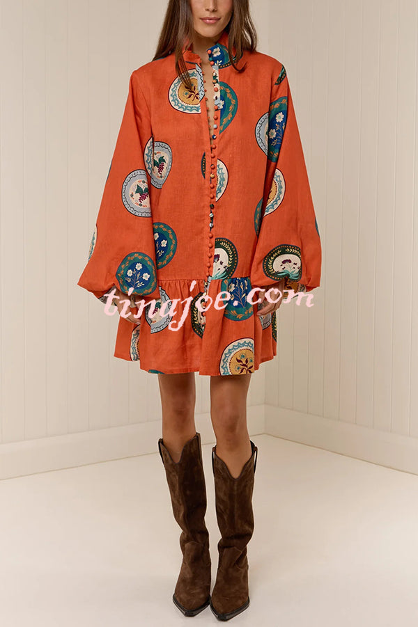 Linen Blend Unique Print Tie Waist Loose Mini Dress