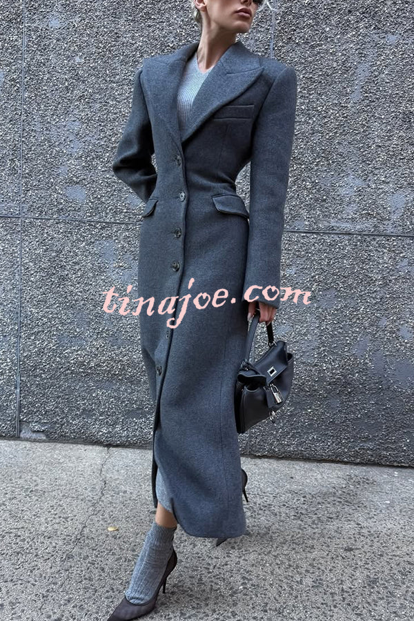 Elegant Lapel Long Sleeve Button High Waist Long Coat