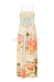 Palermo Linen Blend Contrast Panel Unique Print Back Lace-up Maxi Dress